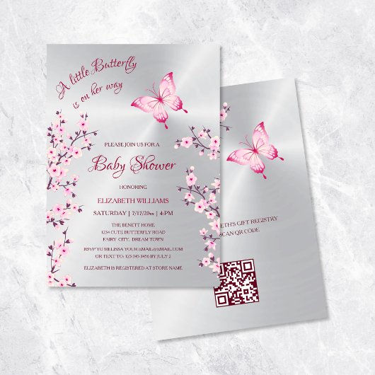 QR-code | Butterfly Silver | Meisje Baby shower Kaart