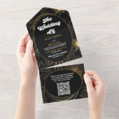 QR Code Celestial Zwart Goud Bruiloft All In One Uitnodiging (Afscheurbaar)
