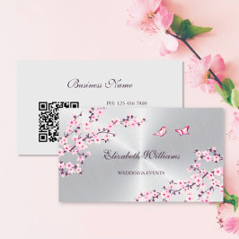 QR-code | Cherry Blossom Pink Silver Visitekaartje