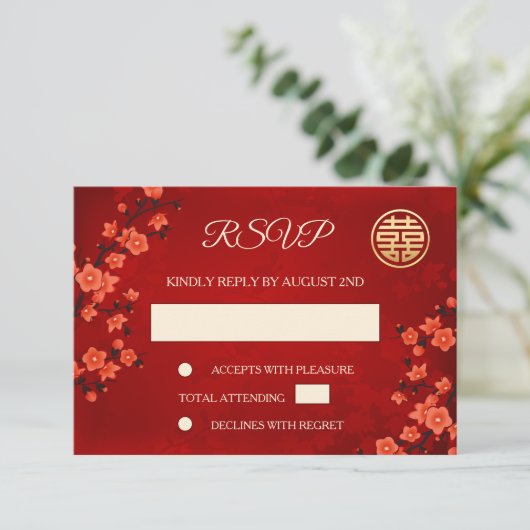 QR-code | Cherry Blossom Red RSVP Chinese bruiloft (Staand voorkant)