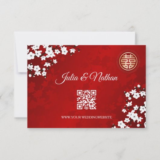 QR-code | Cherry Blossom Red RSVP Chinese bruiloft Kaart (Achterkant)