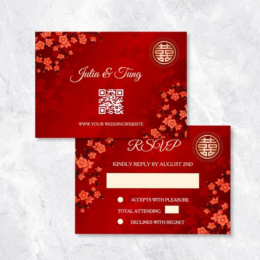 QR-code | Cherry Blossom Red RSVP Chinese bruiloft Kaart
