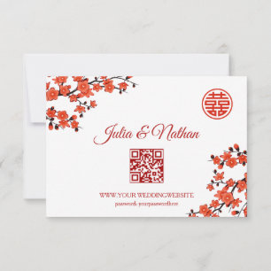 QR-code Cherry Blossom Red RSVP Chinese bruiloft Kaartje