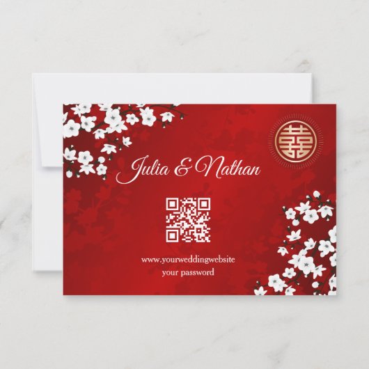 QR-code | Cherry Blossom Red RSVP Chinese bruiloft Kaartje (Achterkant)