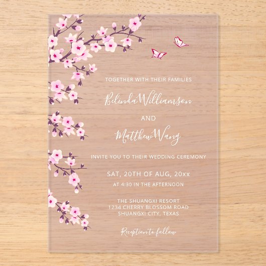 QR Code | Cherry Blossoms Pink White Wedding Acryl Uitnodigingen (Voorkant)