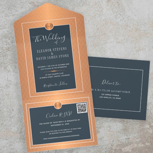 QR CODE chic marvy kopergoud online RSVP bruiloft All In One Uitnodiging