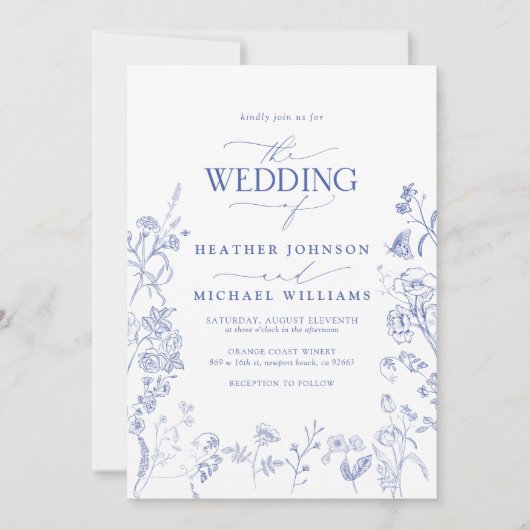 QR Code Chinoiserie Frans Blauw Bloemen Bruiloft Kaart (Voorkant)