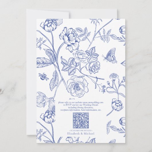 QR Code Chinoiserie Frans Blauw Bloemen Bruiloft Kaart (Achterkant)