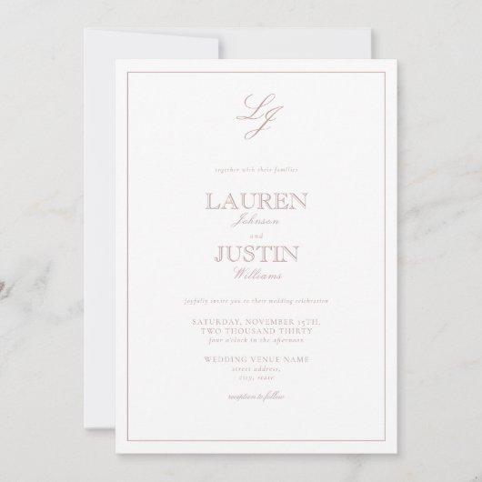 QR Code Classic Dusty Roos Script Monogram Weddens Kaart (Voorkant)