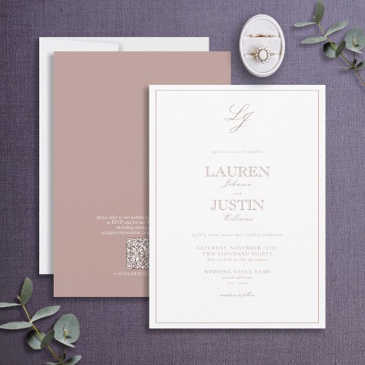 QR Code Classic Dusty Roos Script Monogram Weddens Kaart