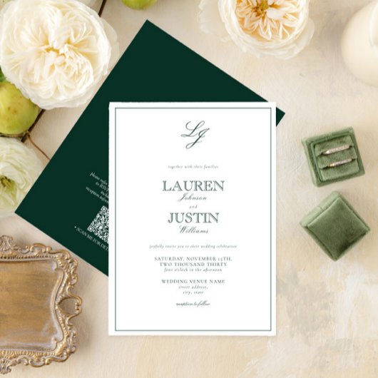 QR Code Classic Emerald Green Monogram Weddenschap Kaart