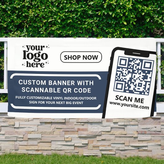 QR Code Company Logo Blauw Indoor Outdoor Vinyl Spandoek