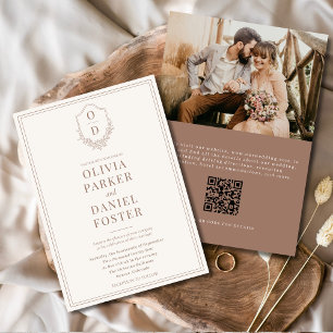 QR Code Crest Mocha Bruin Foto Moderne bruiloft Kaart