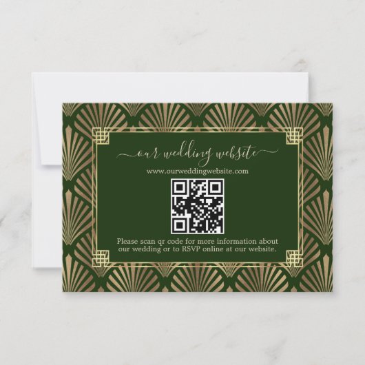 QR Code Donkergroen Goud Art Deco Bruiloft RSVP Kaartje (Voorkant)