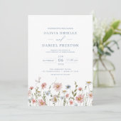 QR Code Dusty Blue Blush Pink Wildflower Wedding Kaart (Staand voorkant)