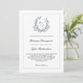 QR Code Dusty Blue Crest Monogram Bruiloft Kaart (Staand voorkant)