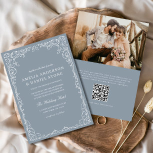 QR-code Dusty Blue Photo Minimalist Wedding Kaart
