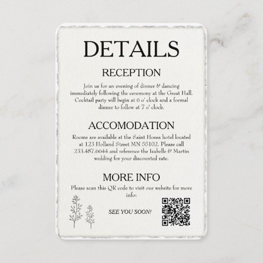 QR Code Eenvoudige Moderne Faux Deckled Edge Weddi Informatiekaartje (Voorkant)