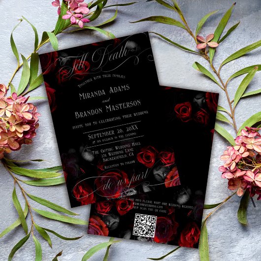 QR Code Elegant Black and Red Floral Wedding Kaart