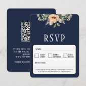 QR Code elegant bloemendonkerblauw RSVP Kaartje (Voorkant / Achterkant)