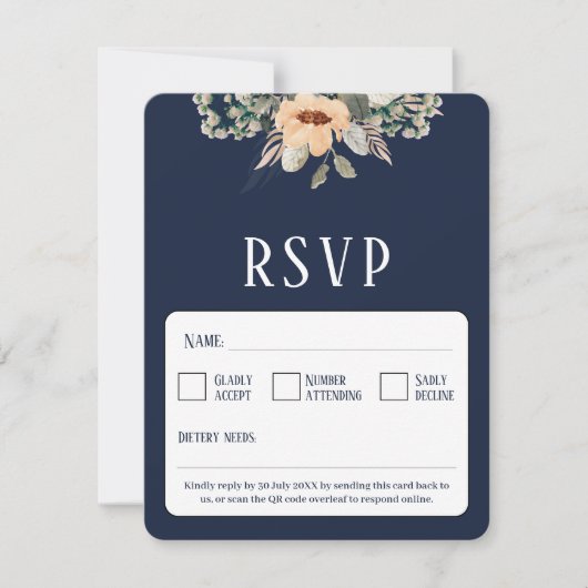 QR Code elegant bloemendonkerblauw RSVP Kaartje (Voorkant)