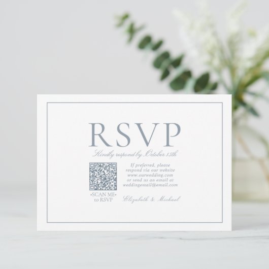 QR Code Elegant Dusty Blue Classic Script RSVP (Staand voorkant)