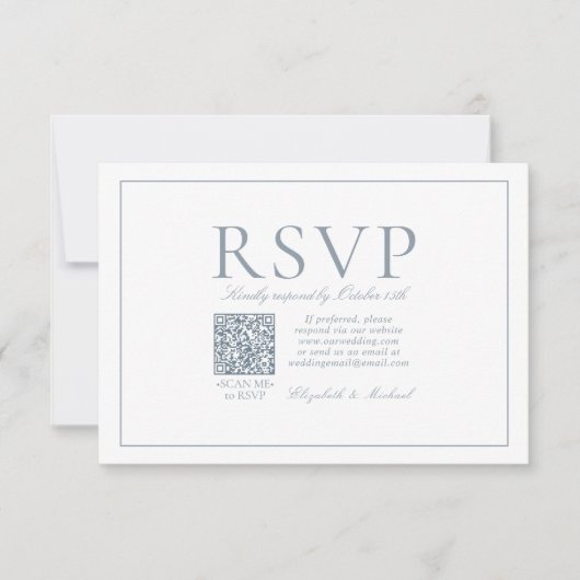 QR Code Elegant Dusty Blue Classic Script RSVP Kaartje (Voorkant)
