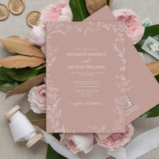 QR-code Elegant Dusty Roos Minimal Leaf Wedding Kaart