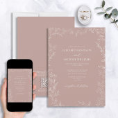 QR-code Elegant Dusty Roos Minimal Leaf Wedding Kaart