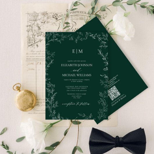 QR Code Elegant Emerald Green Monogram Weddenschap Kaart