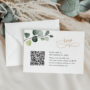 QR-code Elegant Eucalyptus Greenery Gold Wedding RSVP Kaartje