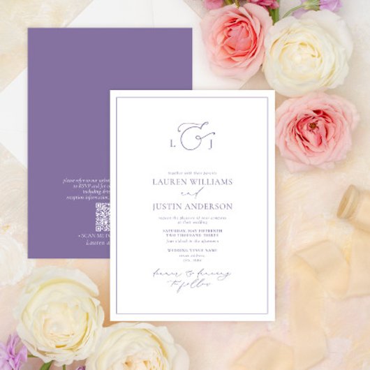 QR Code Elegant Lavender Calligraphy Monogram Kaart