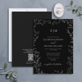 QR-code Elegant Leaf Black White Monogram Weddensc Kaart