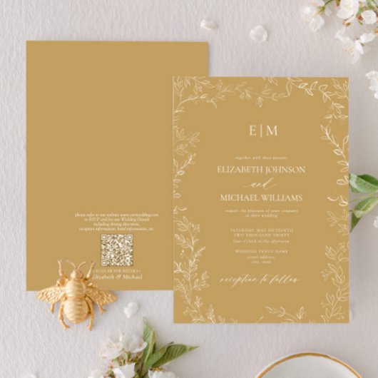 QR Code Elegant Leaf Gold Monogram Weddenschap Kaart