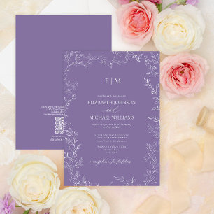 QR Code Elegant Leaf Lavender Monogram Weddenschap Kaart