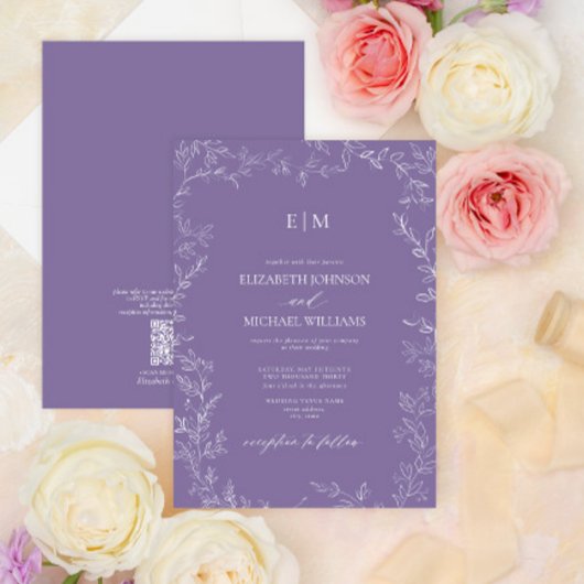 QR Code Elegant Leaf Lavender Monogram Weddenschap Kaart