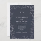 QR Code Elegant Leaf Navy Blue Monogram Weddenscha Kaart (Voorkant)