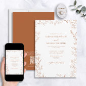 QR-code Elegant Minimal Leaf Burnt Oranje Wedding Kaart