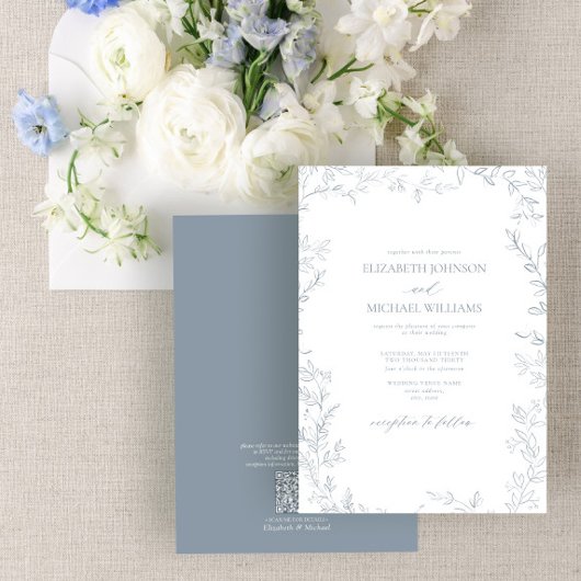 QR-code Elegant Minimal Leaf Dusty Blue Wedding Kaart
