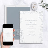 QR-code Elegant Minimal Leaf Dusty Blue Wedding Kaart