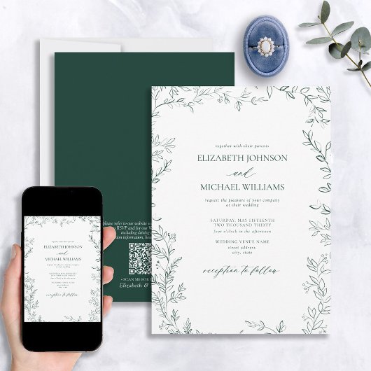 QR-code Elegant Minimal Leaf Emerald Green Wedding Kaart