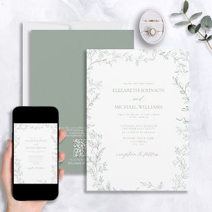QR-code Elegant Minimal Leaf Sage Green Wedding Kaart