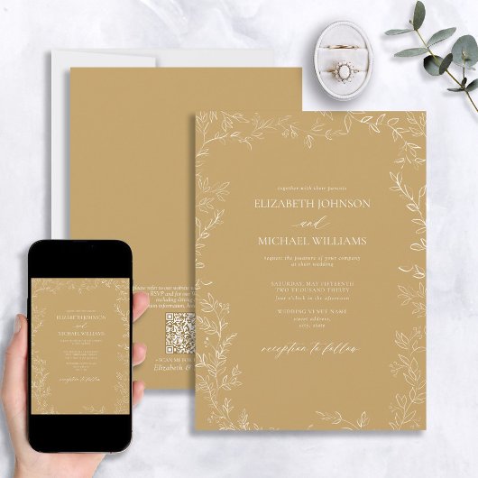 QR-code Elegant Modern Gold Minimal Leaf Wedding Kaart