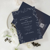 QR-code Elegant Navy Blue Minimal Leaf Wedding Kaart