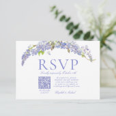 QR Code Elegant Purple Wisteria Script Formal RSVP Kaartje (Staand voorkant)