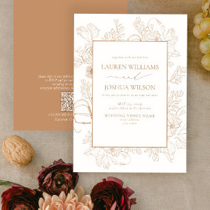 QR-code Elegant Terracotta Floral Line Art Wedding Kaart