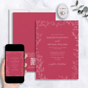 QR Code Elegant Vivid Magenta Minimal Leaf Wedding Kaart