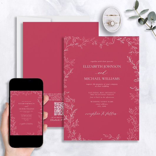 QR Code Elegant Vivid Magenta Minimal Leaf Wedding Kaart