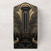 QR Code Elegante Art Deco Peacocks Bruiloft All In One Uitnodiging (Buitenkant)