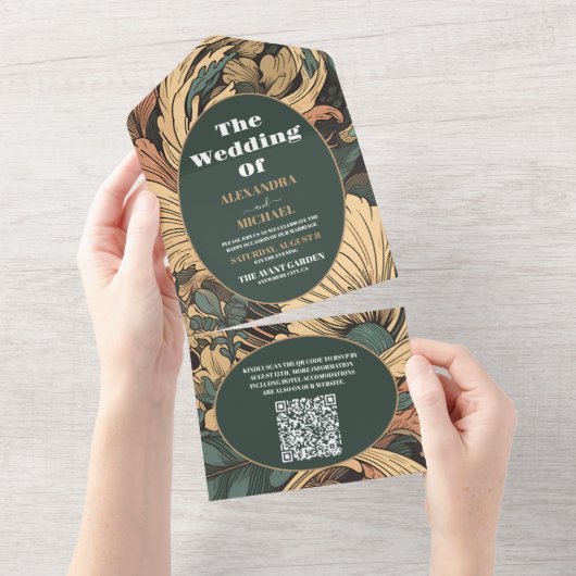 QR Code Elegante Bloemen Art Nouveau Bruiloft All In One Uitnodiging (Afscheurbaar)
